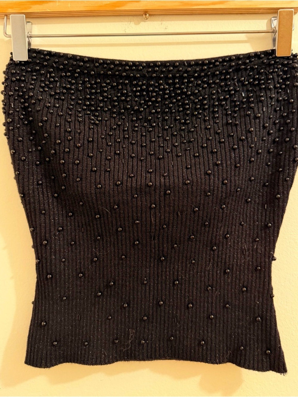 Cache Black Beaded Ribbed Strapless Tank Top